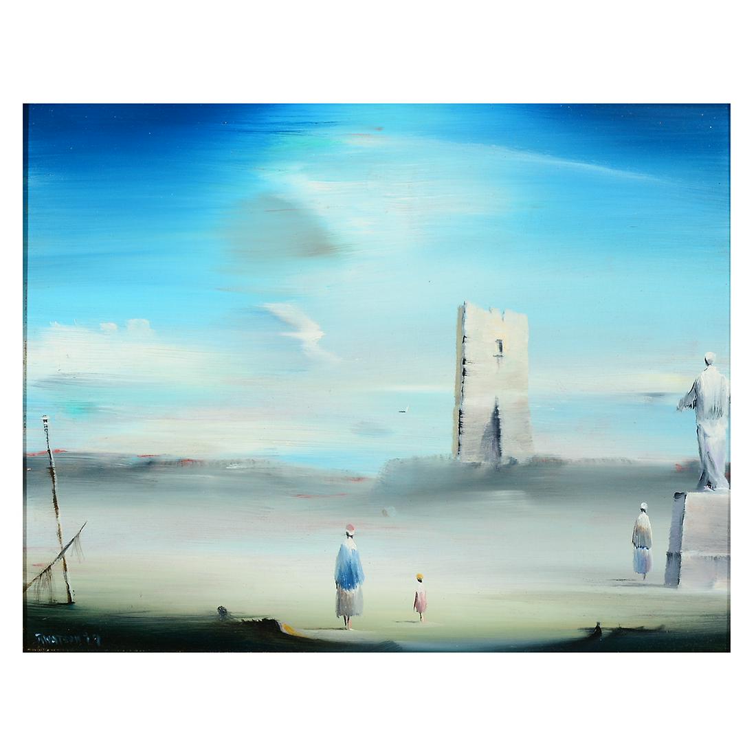 Robert Watson "Untitled" oil on masonite: ROBERT WATSON (American 1923-2004) "Multiple Figures in Surrealist landscape" Oil on masonite. 8 x 10 inches; Framed: 14.5 x 16.5 inches. Signed and dated lower left: R. Watson 79.