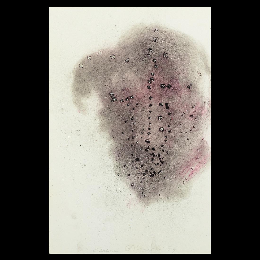 Adriena Simotova "Untitled" color pigment on perforated: ADRIENA SIMOTOVA (Czech 1926-2014) Untitled, colored pigment on perforated paper, sheet: 13 x 8 1/2 inches; Mat: 15 3/4 x 12 inches, signed and dated in pencil bottom center: 'Adriena Simotova' 94