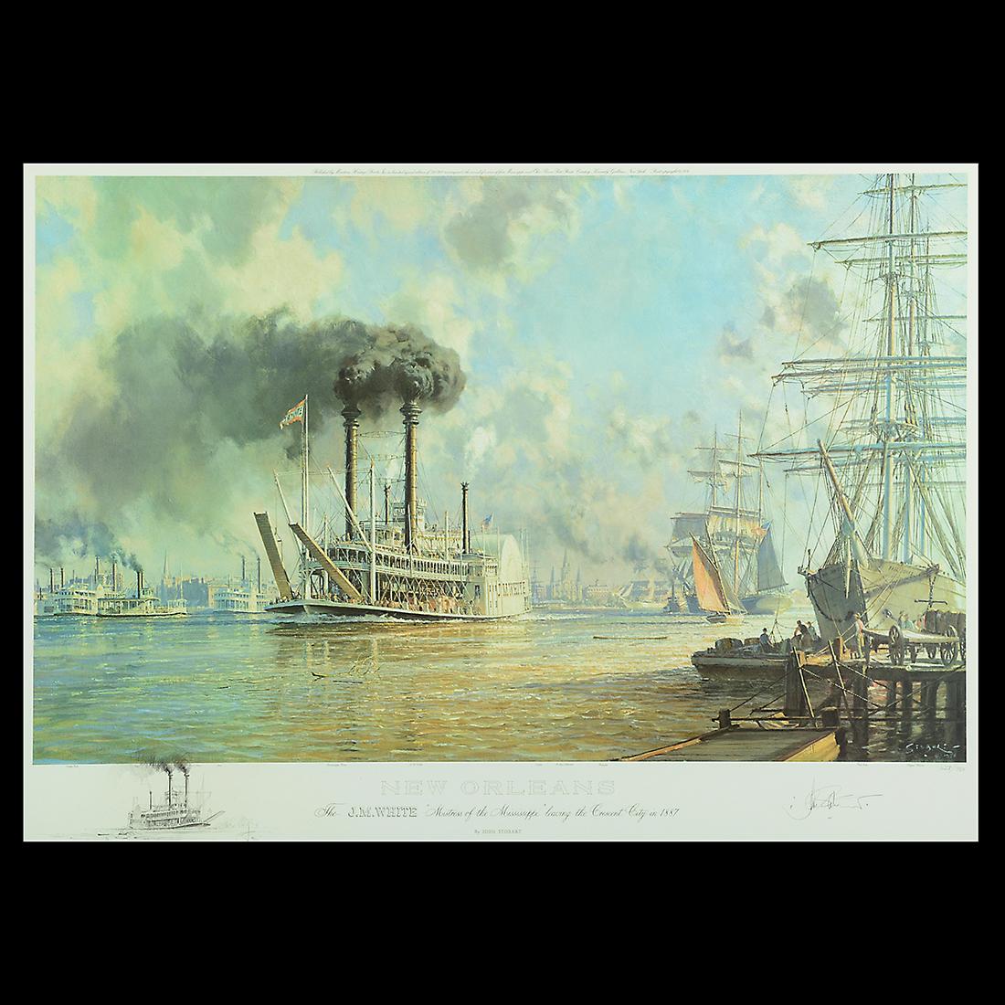 After John Stobart "New Orleans Mistress of: After JOHN STOBART (British, b. 1929) "New Orleans Mistress of the Mississippi leaving the Crescent City in 1887," offset lithograph, image: 19 x 32 1/2 inches, framed: 34 1/2 x 44 1/2 inches pencil s