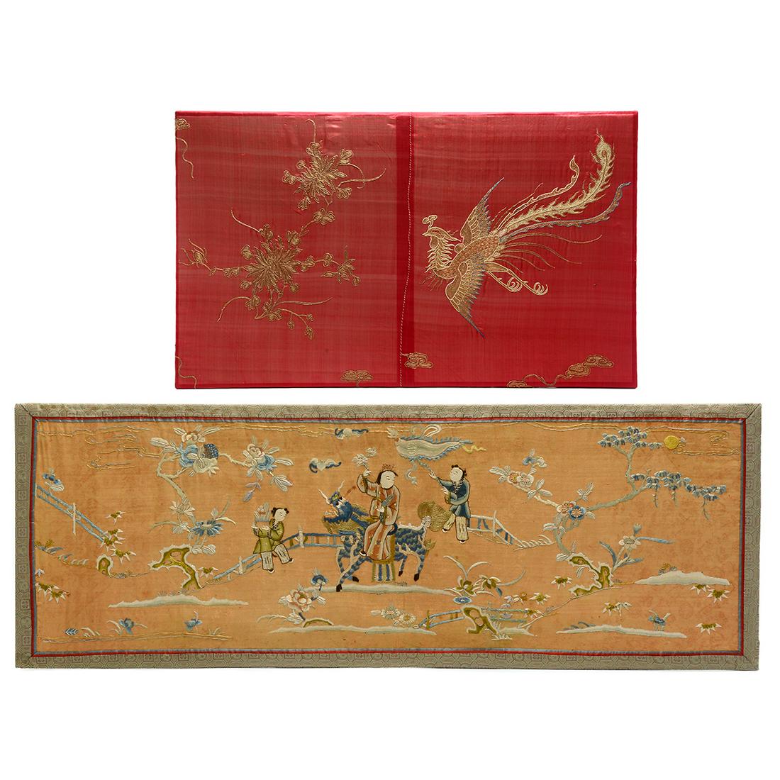 Two Large Embroidered Panels.: Two Large Embroidered Panels. The first worked and stitched with couched silk and metallic threads, depicting a phoenix and large blooms of peony amidst lingzhi-shaped clouds; the second executed with