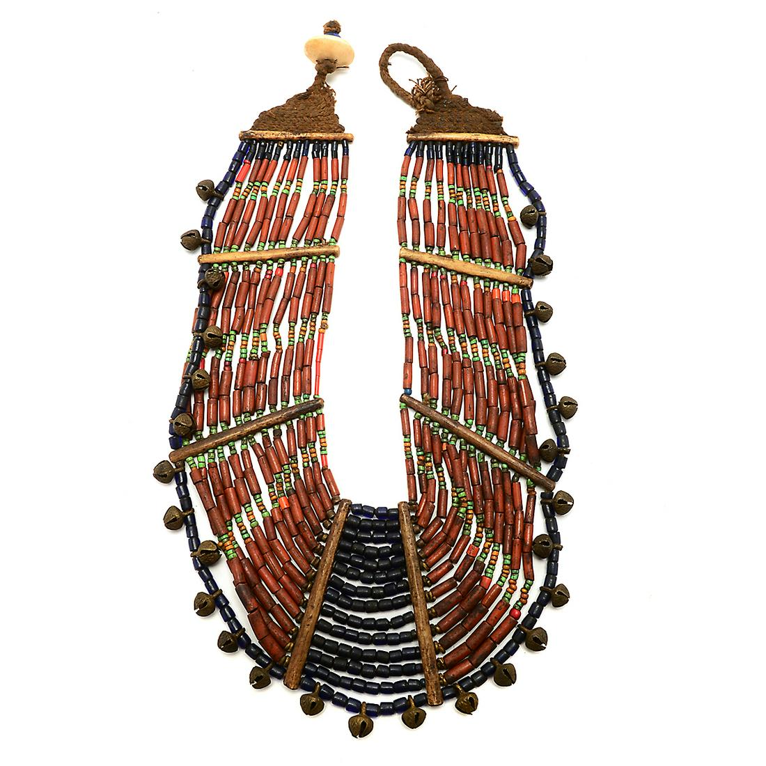 19th Century Naga Head Hunter Warriors Ceremonial: 19th Century Naga Head Hunter Warriors Ceremonial Beaded Necklace. Bone bead spacers separate the necklace into individual beaded compartments; dark brown, dark blue, yellow, and green beads; framed b