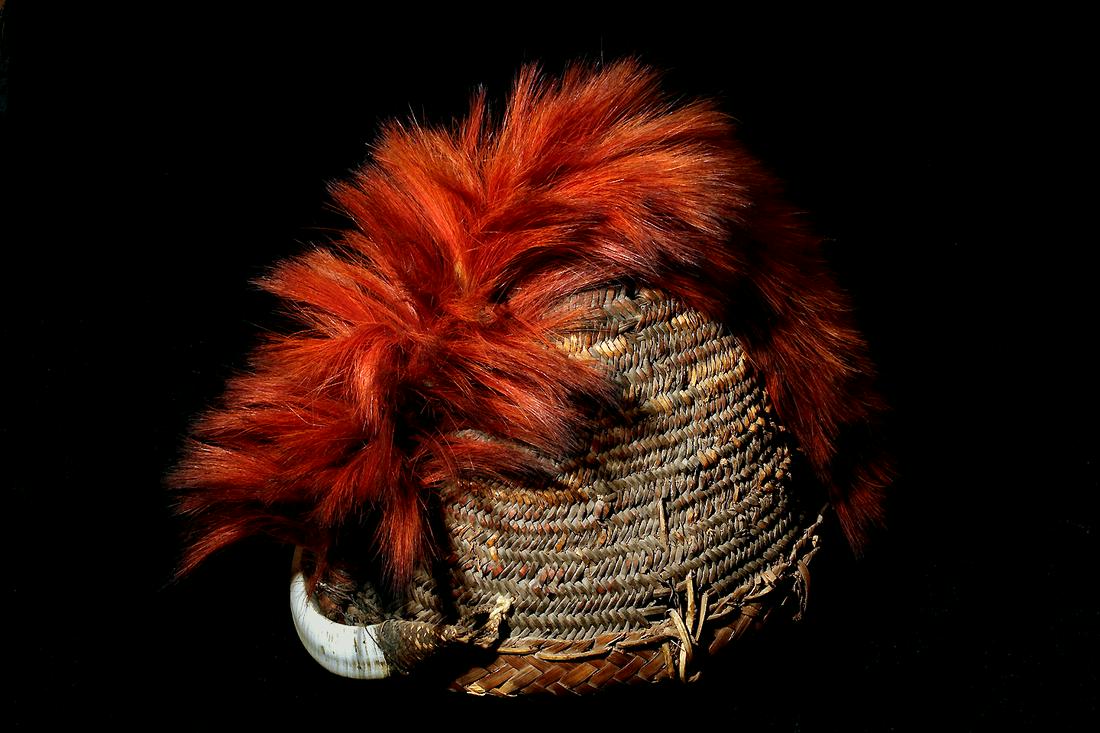 19th Century Naga Head Hunter Warriors Ceremonial: 19th Century Naga Head Hunter Warriors Ceremonial Headdress. Hand-dyed red hair, rattan, boar tusk, organic fiber; the red hair down the crest of the hat with the boar tusk hung to the front. Red 'Dav