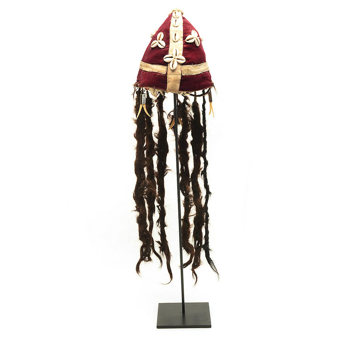 19th Century Naga Head Hunter Warriors Ceremonial Human: 19th Century Naga Head Hunter Warriors Ceremonial Human Hair Headdress. 8 human hair braided extensions; held together by fiber; 3 identical polished doubled feline teeth protrude in opposing directio
