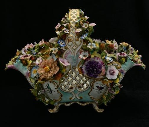 Meissen Marcolini Period Porcelain Basket.: Meissen Marcolini Period Porcelain Basket. Basket with pinched and pierced sides resting on 4 branch form feet; heavily encrusted with applied porcelain flowers and leaves of various sizes and varieti