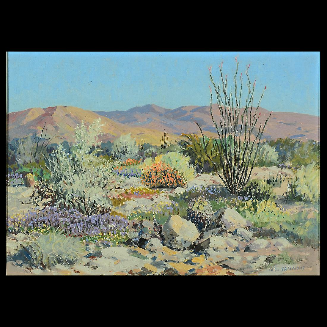 Carl Sammons "Palm Springs" oil on board: CARL SAMMONS (American 1883-1968) Palm Springs, oil on artist board 12 x 16 inches; frame: 15 x 19.25 inches signed lower right: 'Carl Sammons'.
