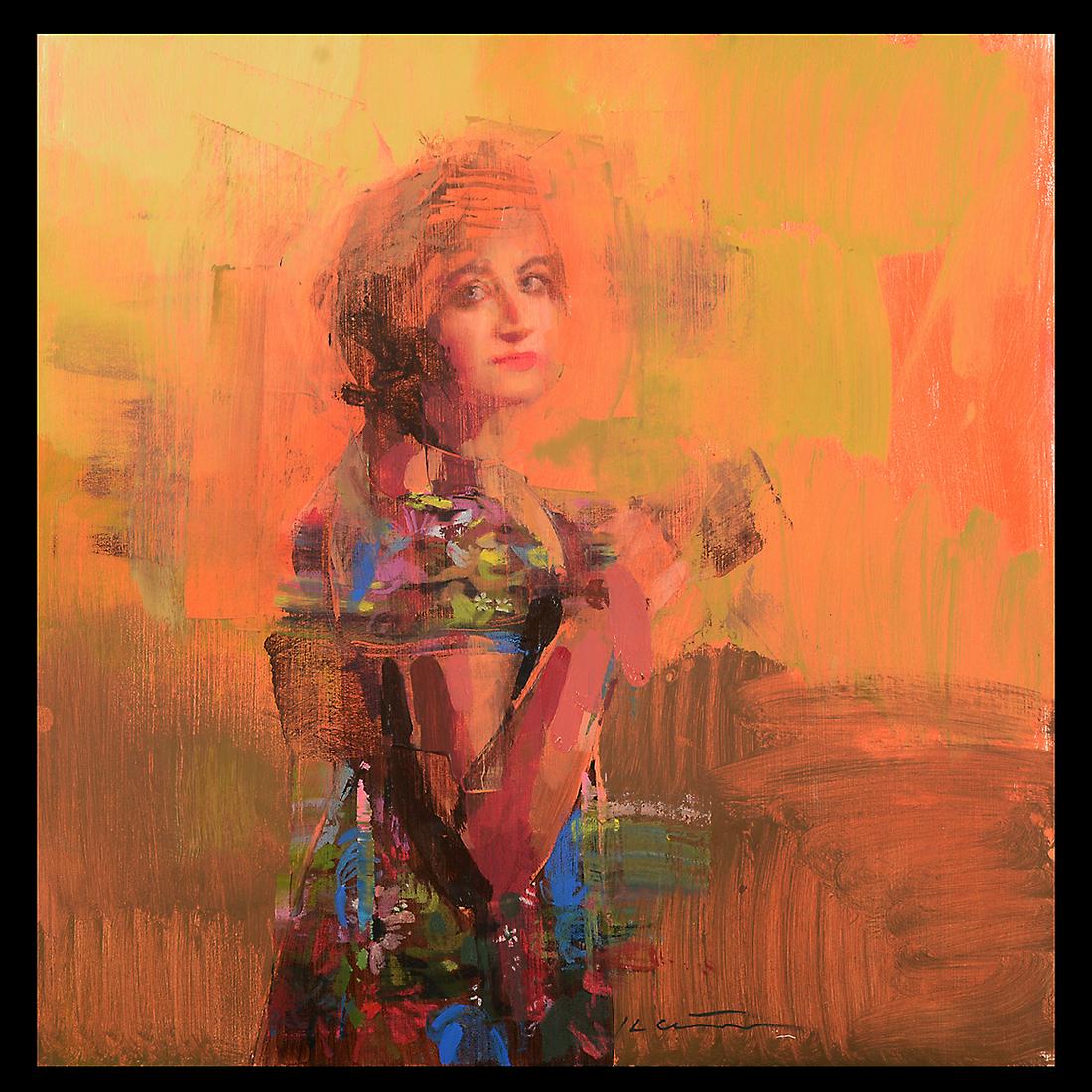 Jose Luis Cena Ruiz "The Floral Dress" oil on canvas: JOSE LUIS CENA RUIZ (Spanish, b. 1982) "The Floral Dress," 2016 oil on canvas, 19.5 x 19.5 inches; overall with frame: 20.75 x 20.75 inches, signed lower center, titled and dated on artist label verso