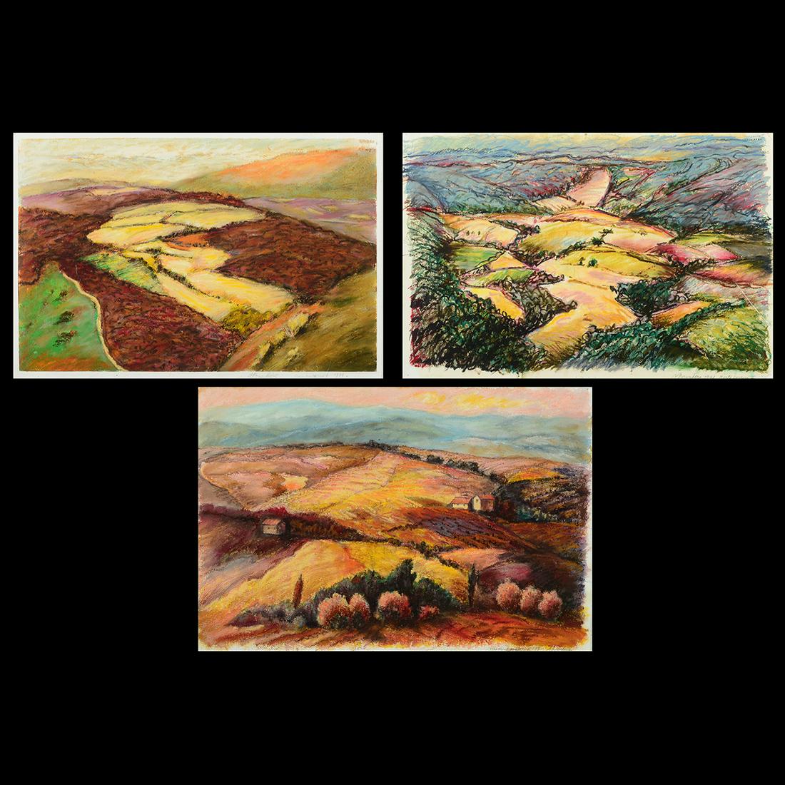 Al Pounders 3 "Landscapes" oil stick on paper: AL POUNDERS (American, b. 1931) "From Montegnana V," 1999, "Monte Lovesco II," 1991, and "Yellow Fields," 1997, oil stick on paper, each sheet: 15 x 22 inches, 15 x 22.25 inches and 14.75 x 22 inches;
