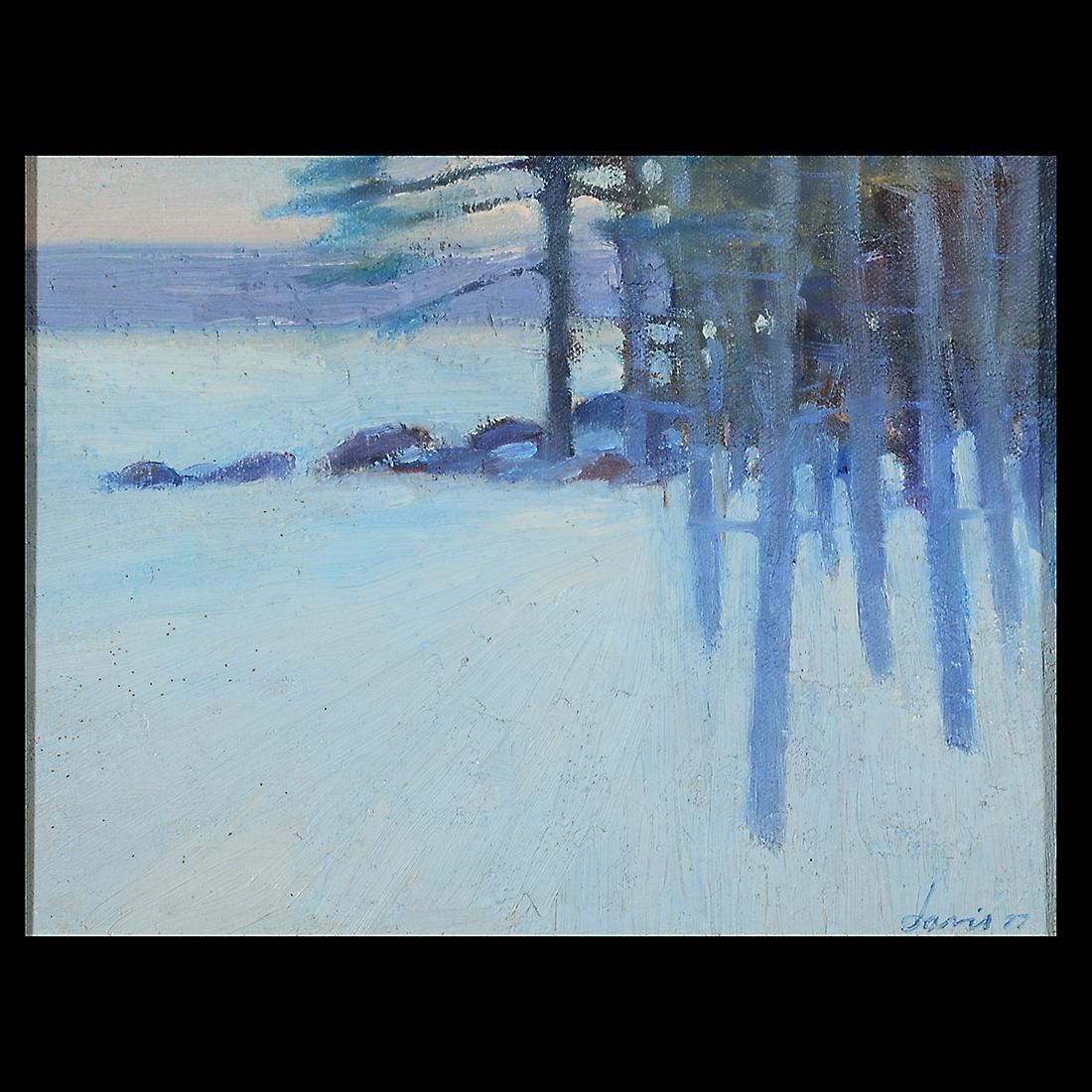 Michael Davis "Pine Forest" oil on canvas: MICHAEL DAVIS (American, b. 1945) "Pine Forest," 1977, oil on canvas, 8 x 10 inches; overall with frame: 15 x 17 inches, signed and dated lower right, artist label affixed verso.