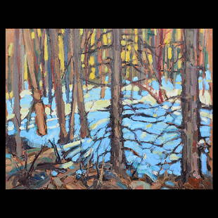 John William Beatty, "Wood Lands" oil on panel: JOHN WILLIAM BEATTY (Canadian, 1869 - 1941) "Wood Lands," oil on panel panel: 8.5 x 10.25 inches signed and titled in pencil verso, stamped Dominion Gallery verso,