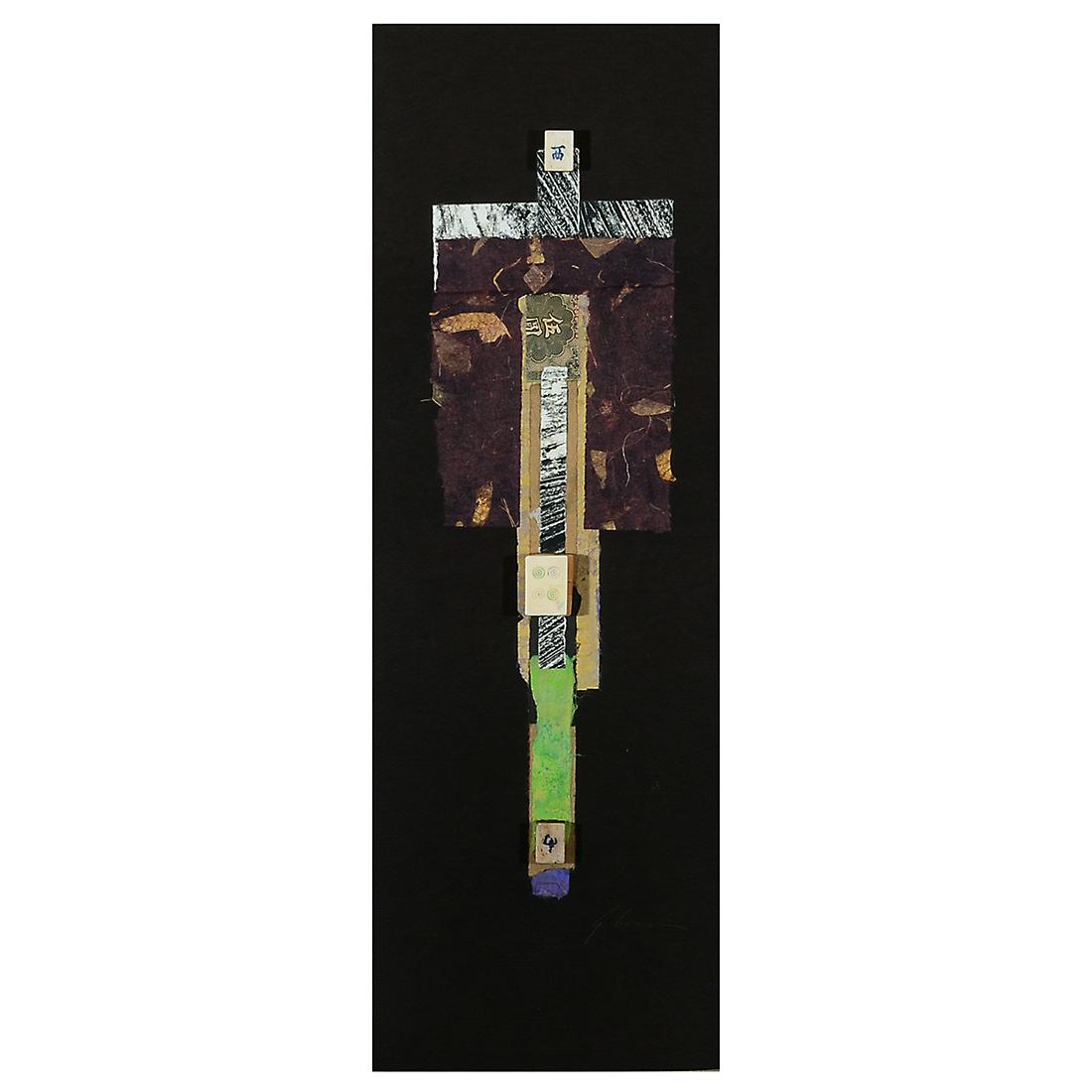 Armond Lara, Page of Prophecy, Mixed Media Collage: ARMOND LARA (Native American, b. 1939) "Page of Prophecy, #12," mixed media, collage: 18 x 9 inches; overall (with matting): 29.5 x 14.5 inches, pencil signed lower center, artist label affixed verso.