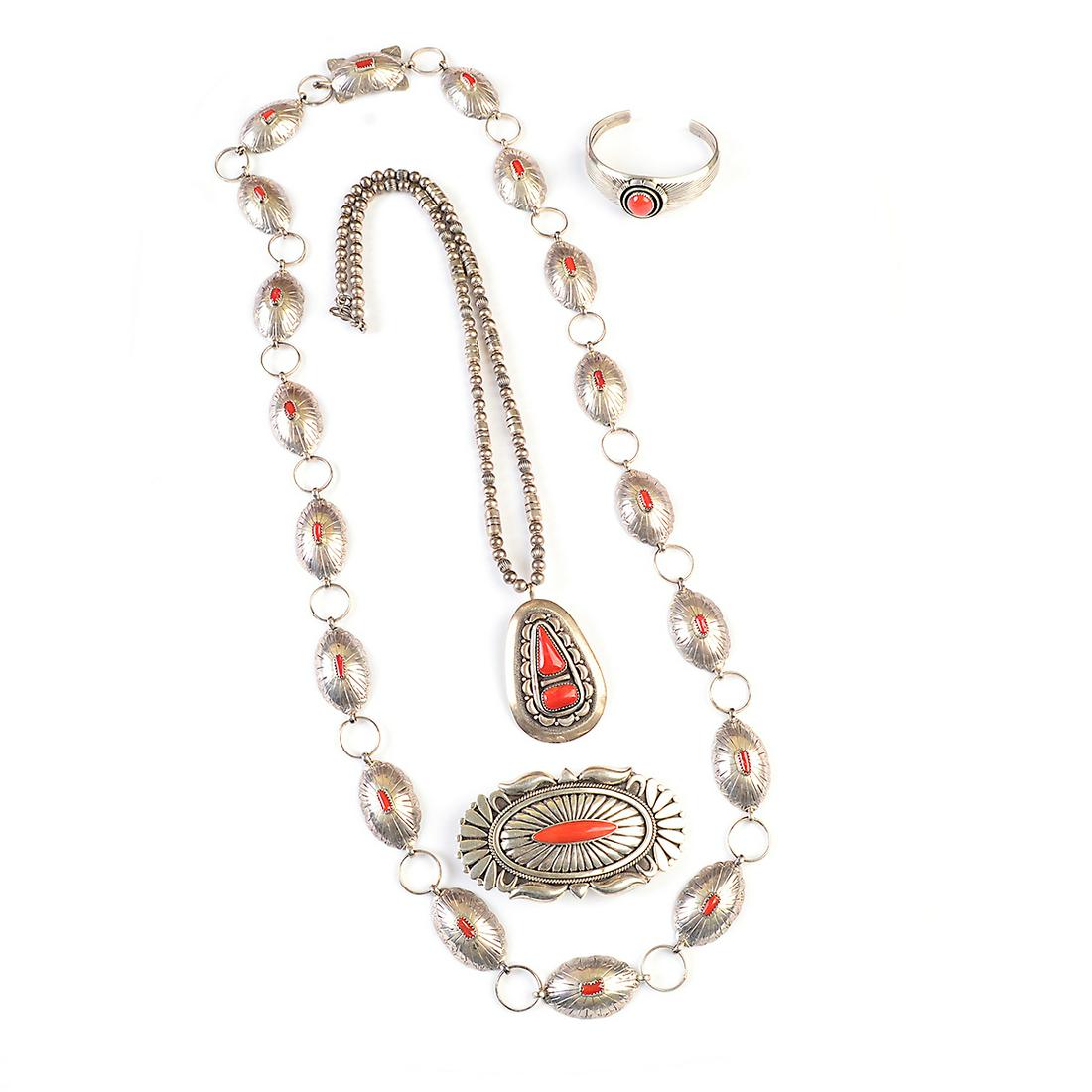 *Four Native American Coral, Silver Items. (1 of 3)