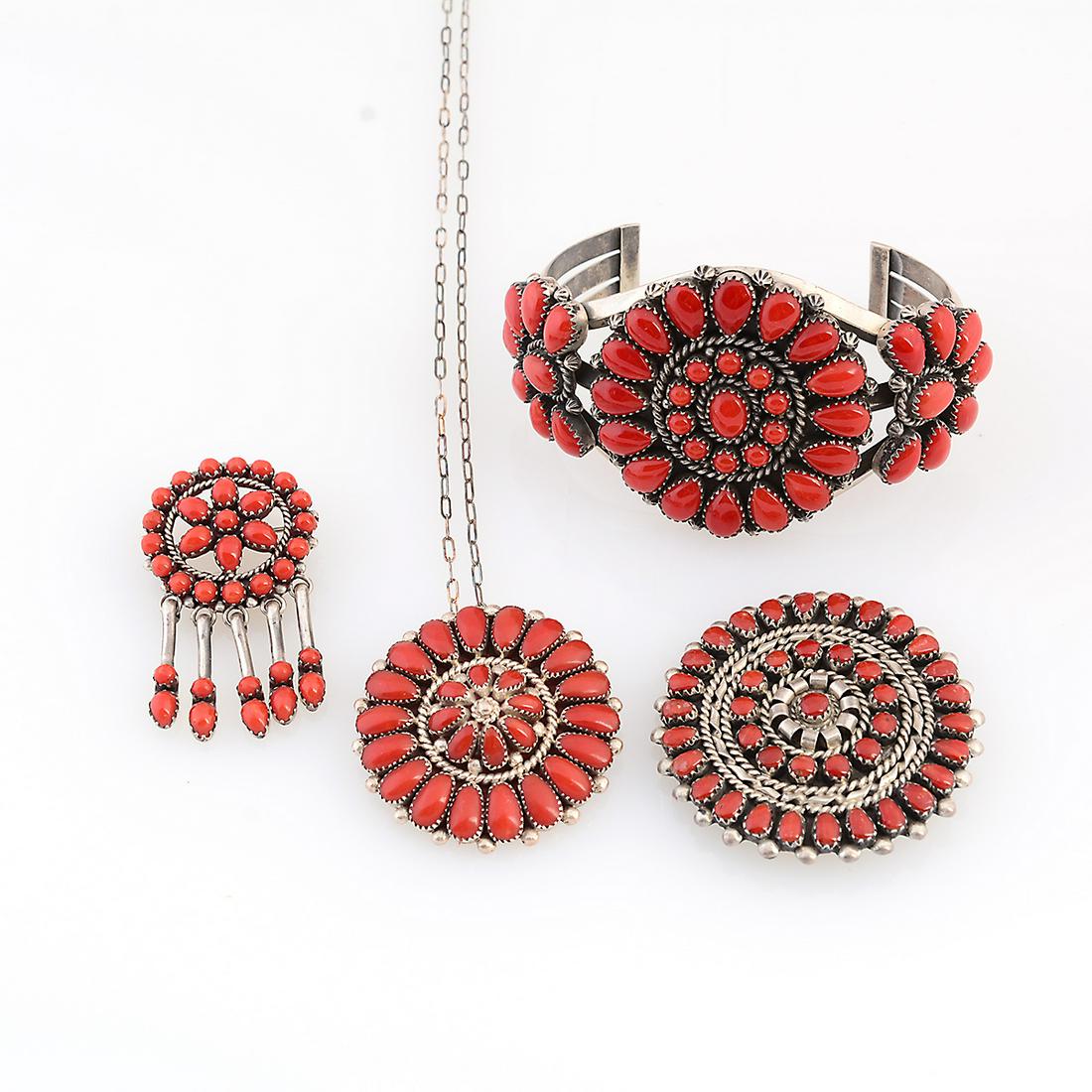 *Four Native American Coral, Silver Jewelry Items. (1 of 4)