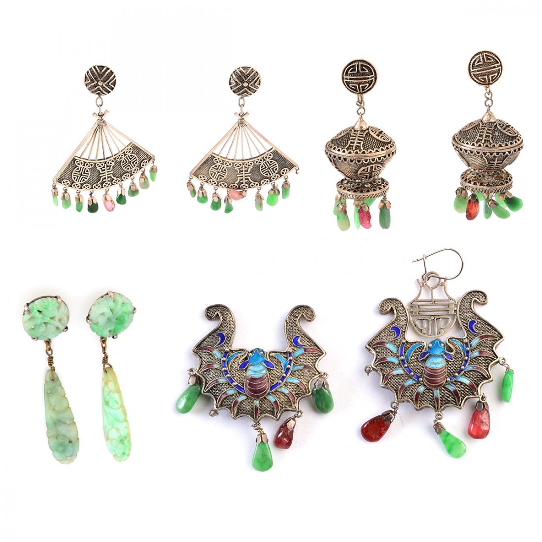 Four Pairs of Asian Jade, Pink Tourmaline, Enamel, (1 of 5)