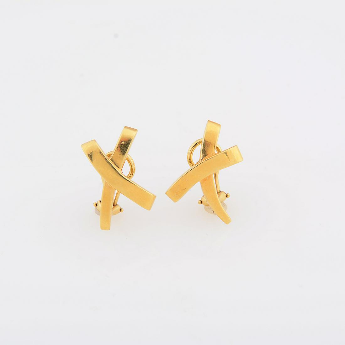 Pair of Tiffany & Co. Paloma Picasso 18k Yellow Gold: Pair of Tiffany & Co. Paloma Picasso 18k Yellow Gold "X" Earrings. The 18k yellow gold Tiffany & Co. Paloma Picasso "X" motif earrings measuring approximately 20 x 15 mm. {Gross Weight: 5.6 dwts}