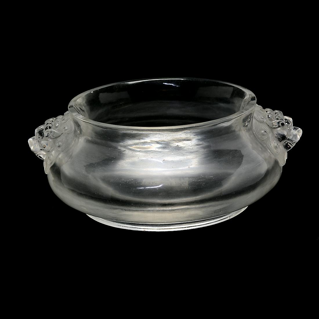 Glass Incense Burner with Foo Dog Handles.: Glass Incense Burner with Foo Dog Handles. The bulbous body rising from a short splayed foot to a waisted neck flanked by twin maned beast faces, the base bearing a six-character Xuande mark. {Approxi