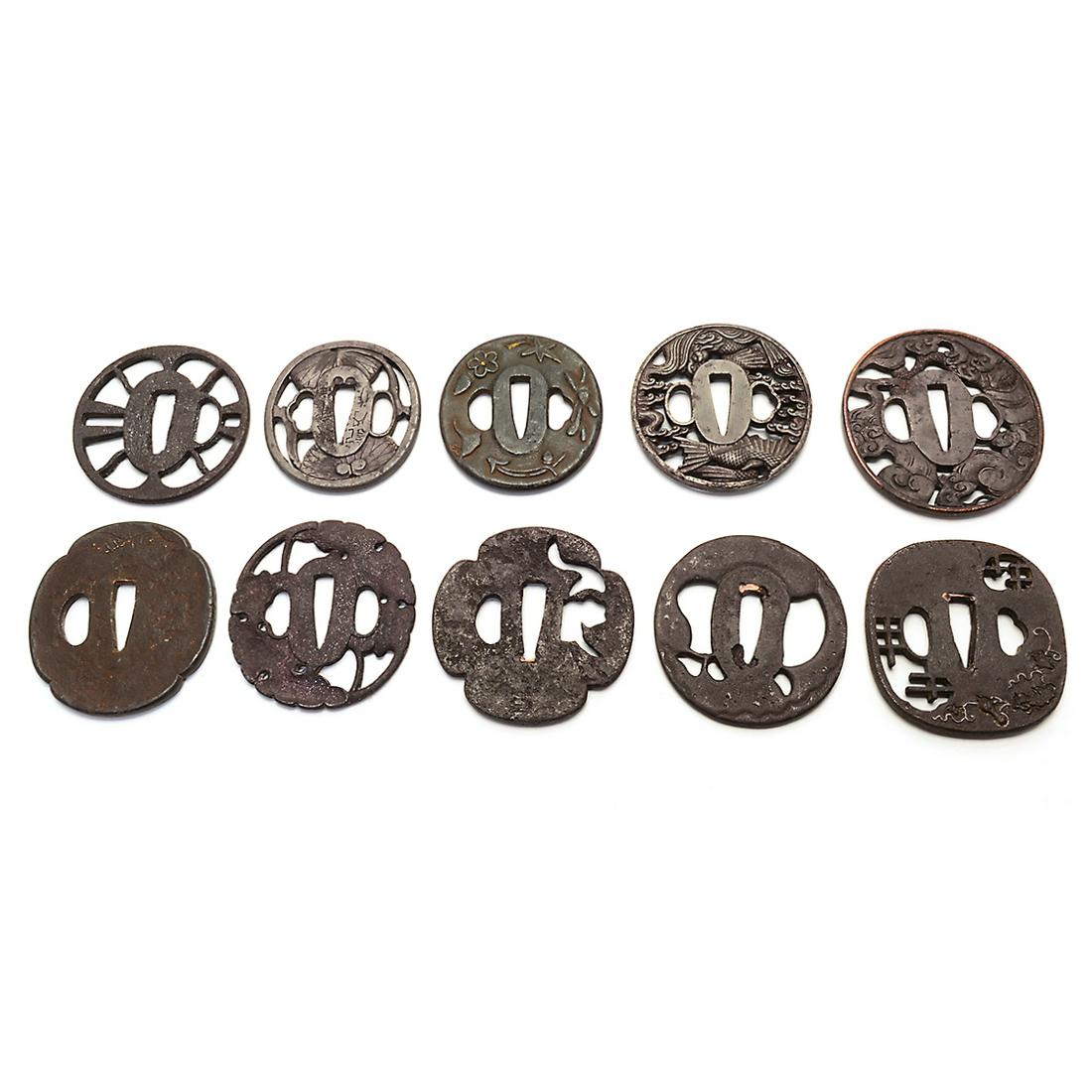 Set of Ten Japanese Iron and Bronze Tsuba. (1 of 2)
