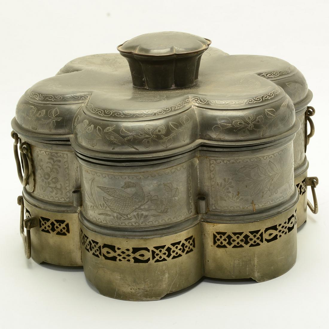 Antique Chinese Pewter Steam Set with Engravings of (1 of 2)