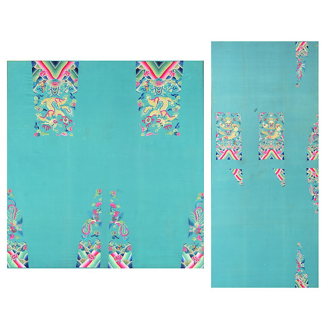 Two Turquoise Ground Embroidered Dragon Panels, Framed. (1 of 3)