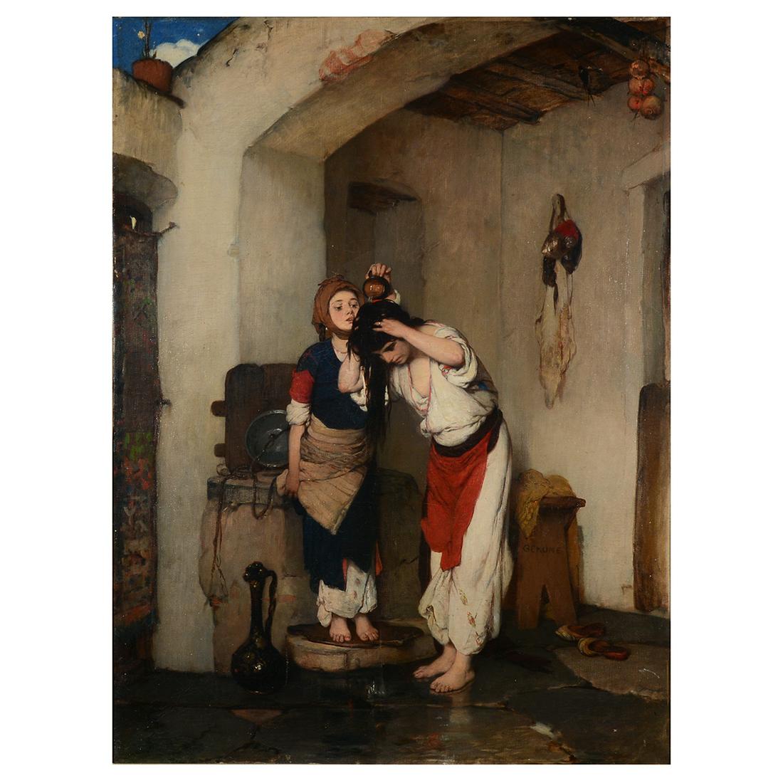 Circle of Jean-Leon Gerome "The Bather" oil on canvas.: Circle of Jean-Leon Gerome(French, 1824-1904) "The Bather" oil on canvas, 32 x 24 inches / 81.28 x 60.96 cm; frame: 39 x 30.75 inches, bears signature on the stool: 'Gerome' Provenance: From the priva