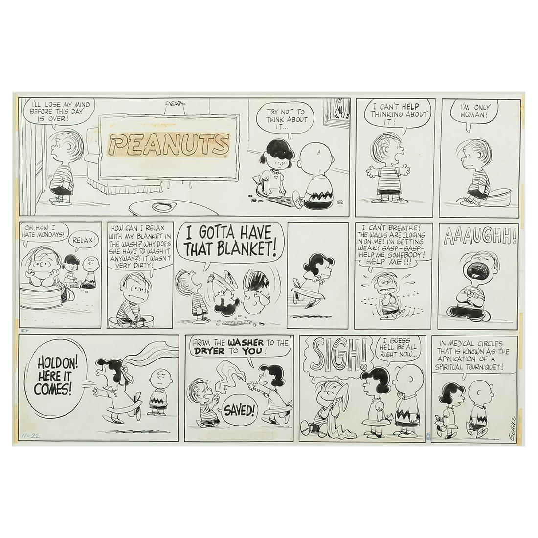 Charles Schulz 'Peanuts Sunday 1959 Comic' ink over: CHARLES SCHULZ (American 1922-2000) "Peanuts Sunday Comic Strip Lucy, Linus Van Pelt and Charlie Brown Original Art dated 11-22-59" (United Syndicate, 1959) ink over graphite on Bristol board sheet: 1