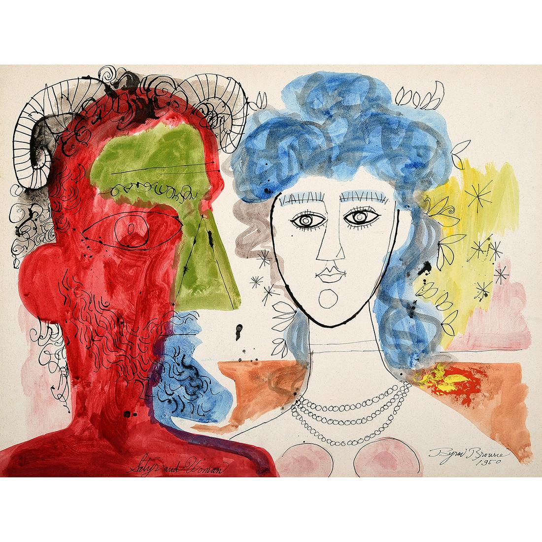Byron Browne "Satyr and Woman" mixed media on paper: BYRON (GEORGE BYRON) BROWNE (American 1907-1961) "Satyr and Woman" tempera and ink on paper sight: 19.75 x 25.375 inches / 50.165 x 64.452 cm; Frame: 26 1/8 x 31 5/8 inches, signed and dated in ink lo