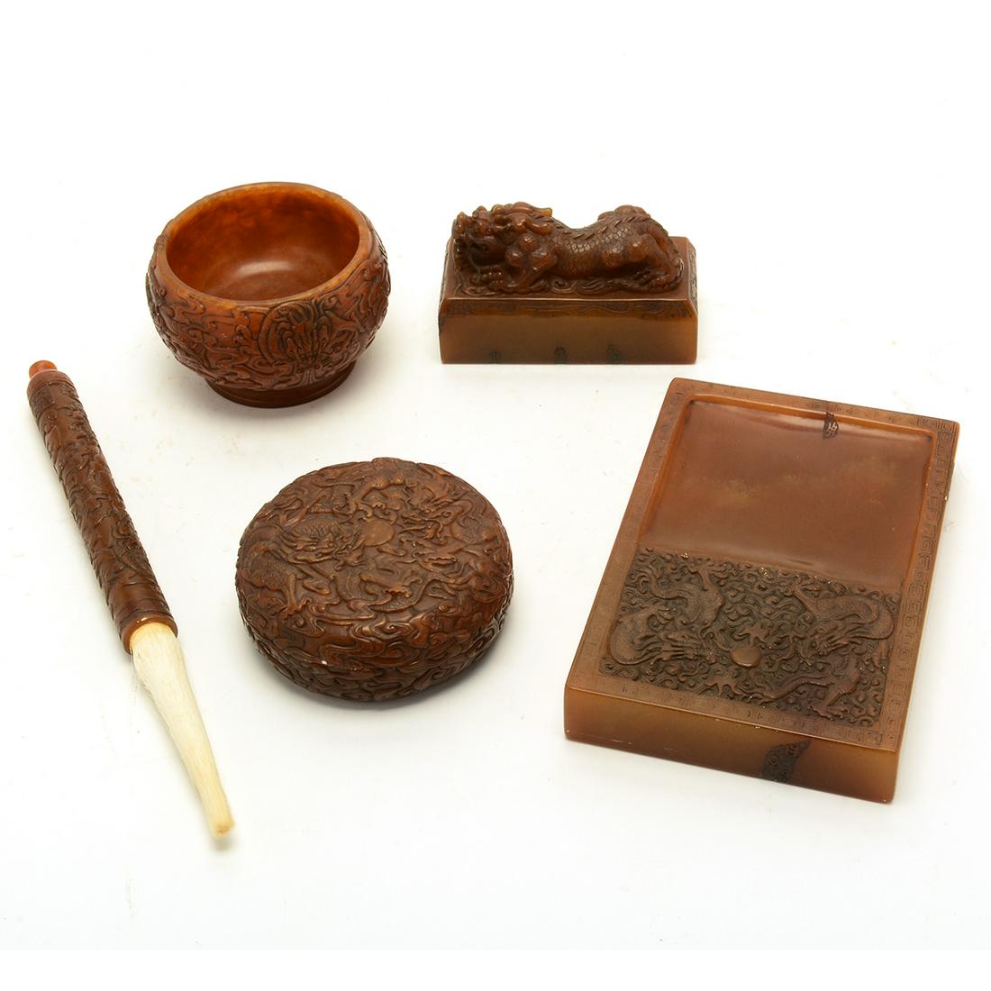 Set of Five Carved Soapstone Writing Implements. (1 of 8)