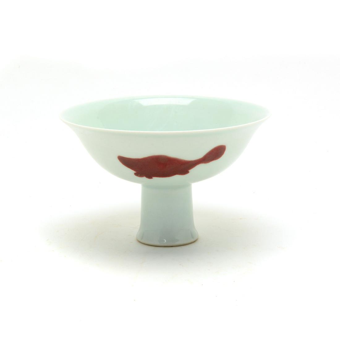 Copper Red and White Porcelain 'Fish' Stem Cup. (1 of 4)