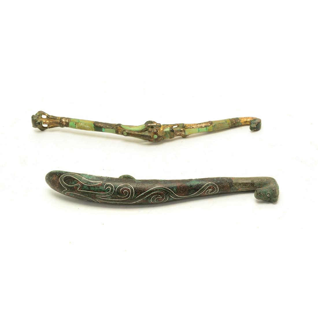 Two Inlaid Bronze Dragon Belt Hooks. (1 of 4)