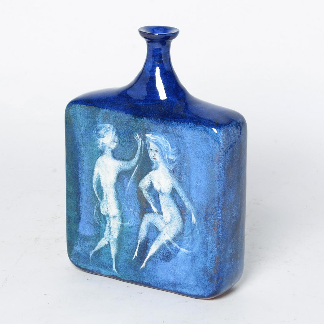 American Mid-Century Modern Polia Pillin Pottery Vase.: American Mid-Century Modern Polia Pillin Pottery Vase. Polia Pillin (1909-1992); glazed earthenware; flattened bottle form with narrow neck and everted rim; nude female figures painted to either side 