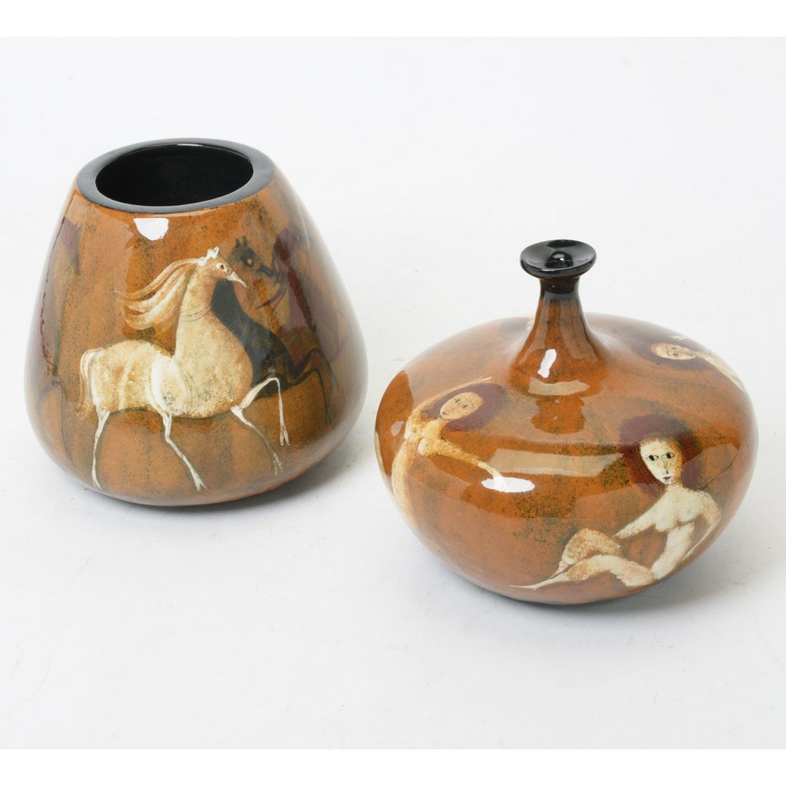 American Mid Century Modern Two Polia Pillin Pottery: American Mid Century Modern Two Polia Pillin Pottery Vases. Polia Pillin (1909-1992); glazed earthenware; comprising a low globlular form with narrow neck and everted mouth, decorated with nude female