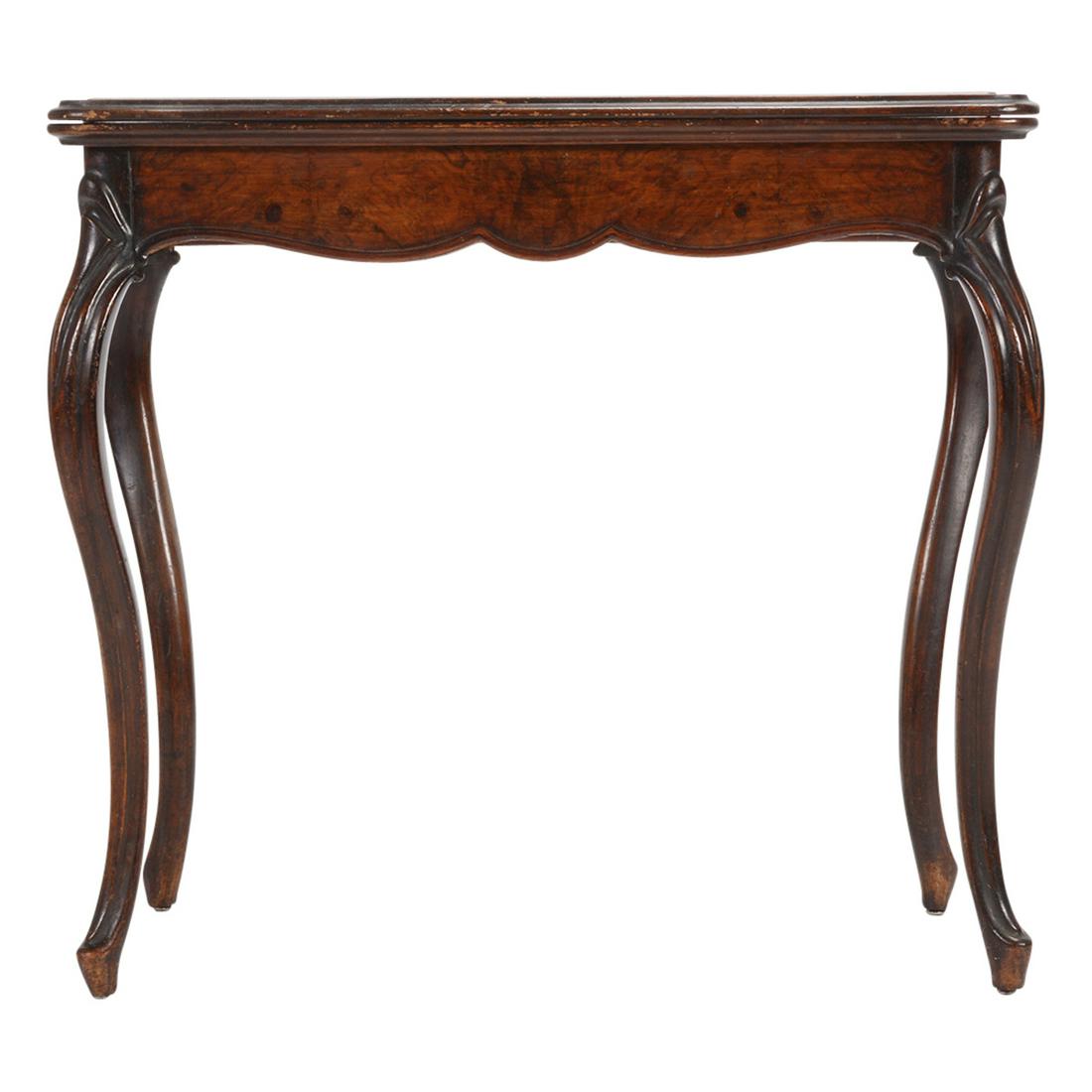 French Provincial Style Burl Walnut and Mahogany Card: French Provincial Style Burl Walnut and Mahogany Card Table. On cabriole legs. {Approximate dimensions: 30 1/2 high x 34 wide x 17 1/4 inches deep.}. Condition: Minor surface wear throughout, mainly t