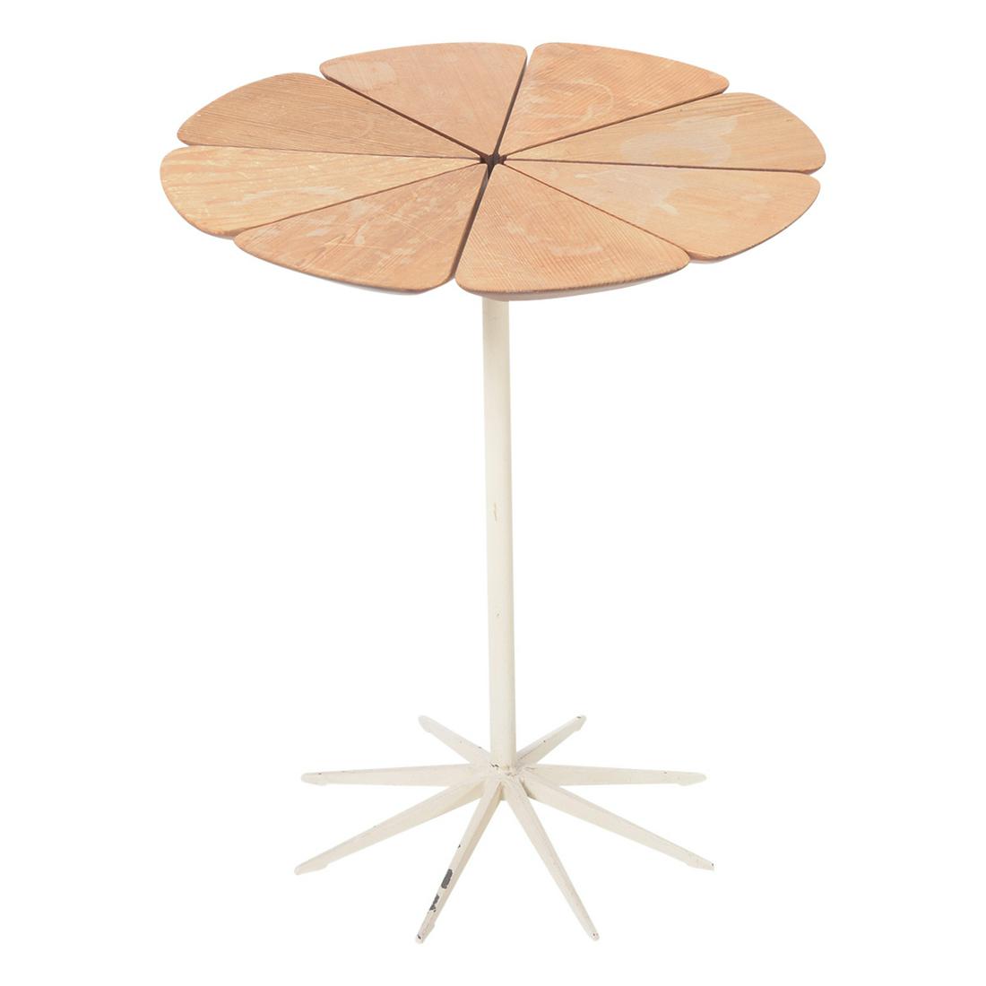 Richard Schultz for Knoll Petal Table.: Richard Schultz for Knoll Petal Table. The top with redwood petals; on a white painted metal base. {Approximate dimensions: 19 high x 16 1/4 inches diameter.}. Condition: Wear and stains to the wood t