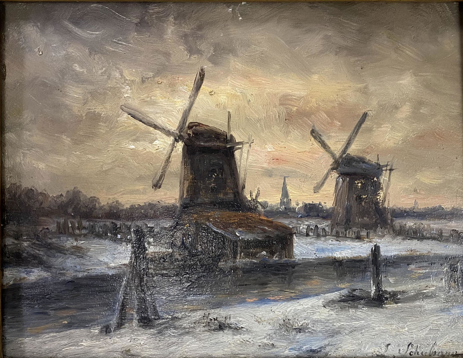 Leon Schulman "Winter Landscape with windmills" oil on (1 of 5)