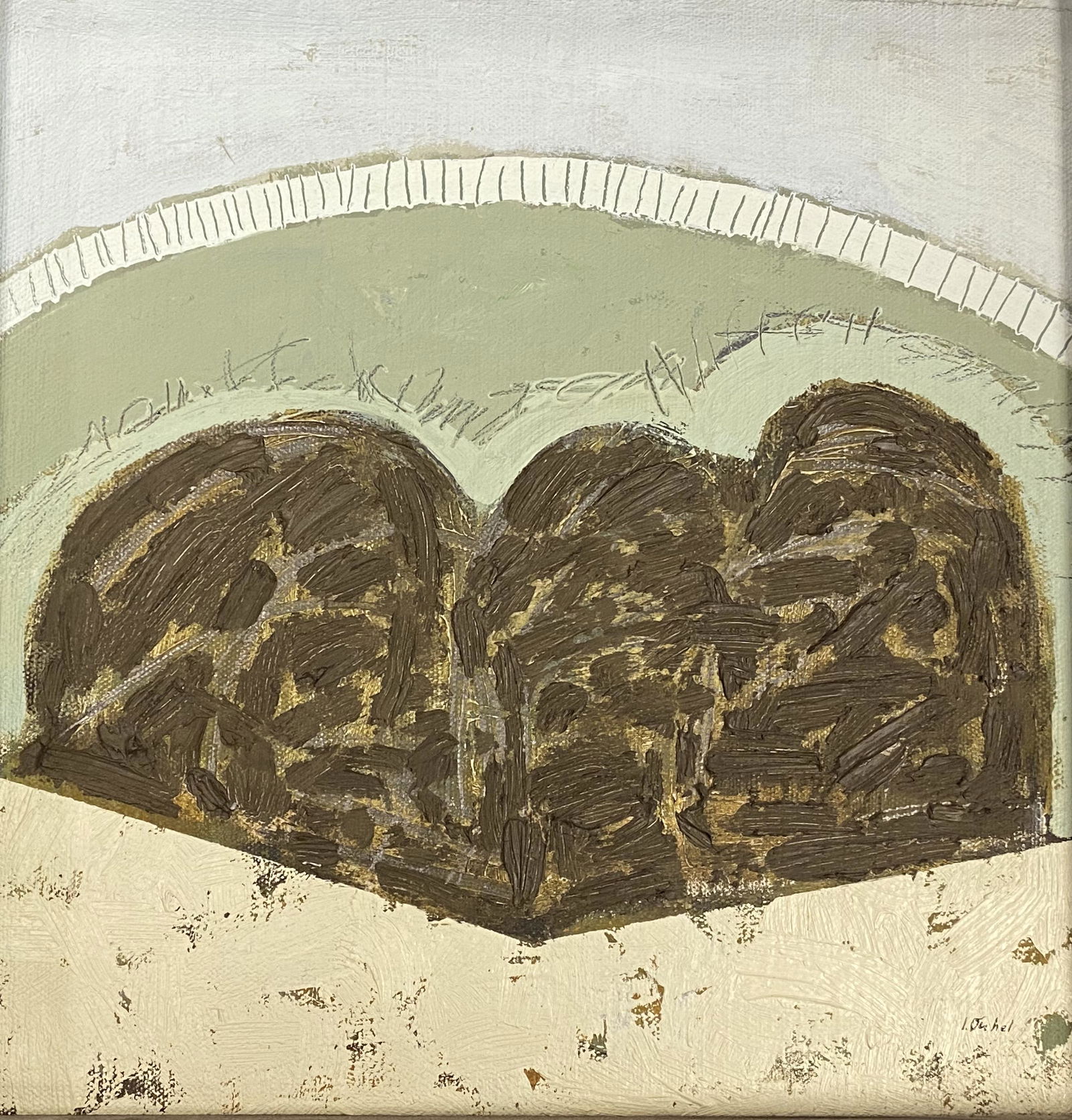 Ivan Ouhel "Krajina" oil on masonite: IVAN OUHEL (Czech b. 1945) "Krajina", oil on masonite, 13 x 11.625 inches; overall with frame: 16.25 x 15.75 inches, signed lower right: 'I. Ouhel'.