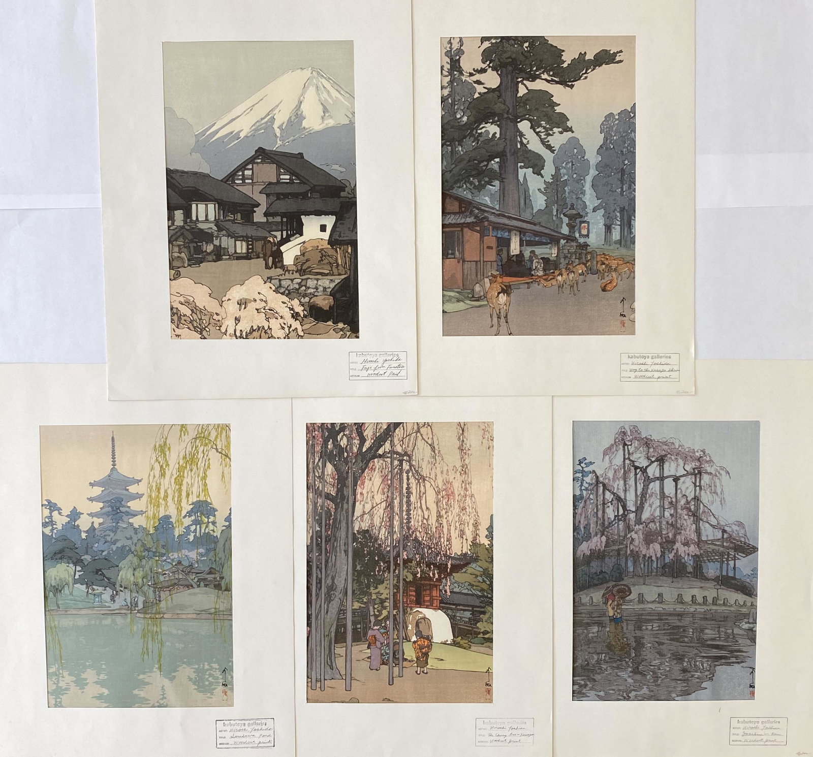 After Hiroshi Yoshida 5 "Scenes of Japanese Life": After HIROSHI YOSHIDA (Japanese 1876-1950) "Sarsawa Pond", "The Cherry tree in Kawagoe", "Yozakura in Rain", "Fuji from Funatice" and "Way to the Kasuga Shrine", woodcut (later impression), each sheet
