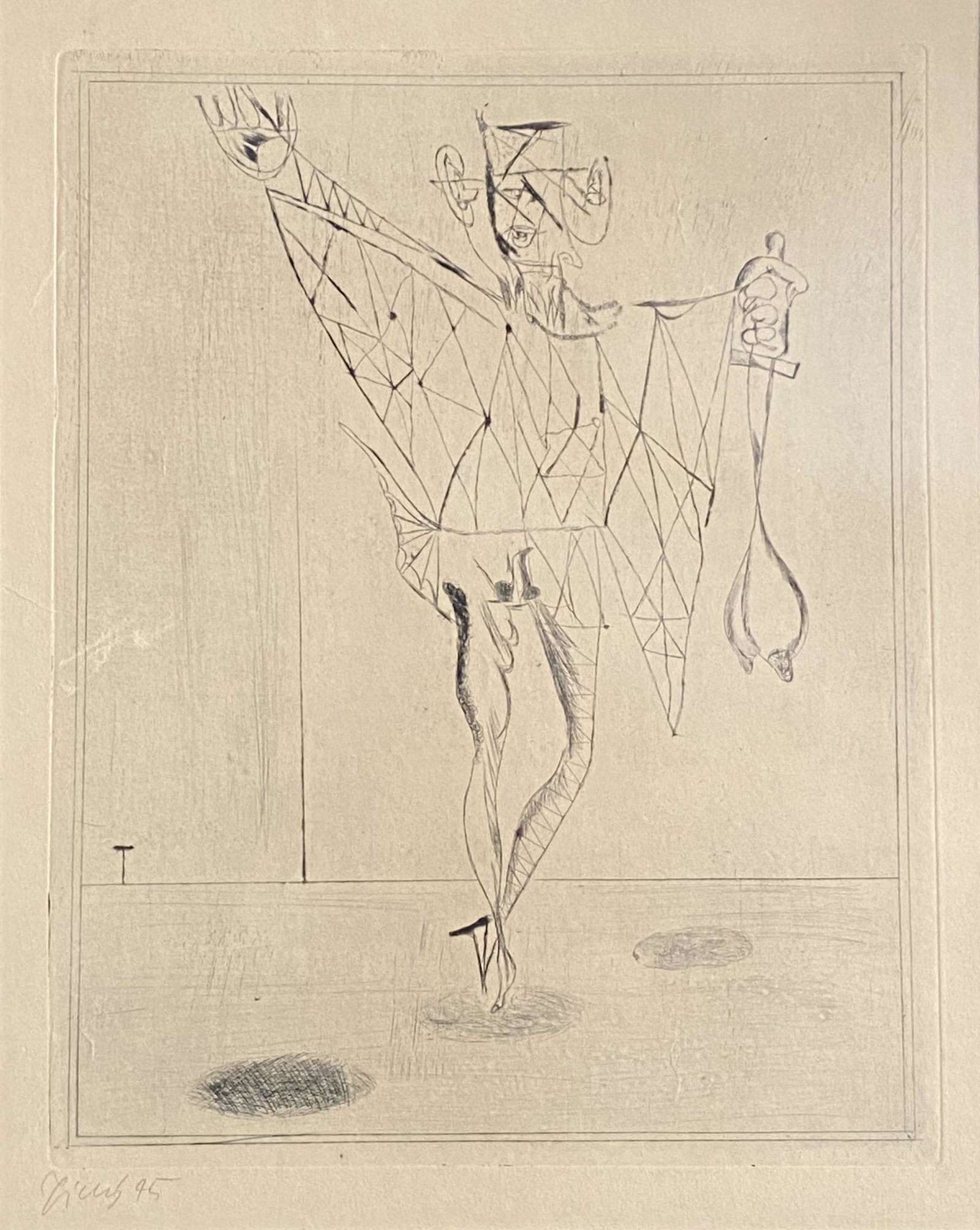 Frantisek Tichy "Fantom" etching: FRANTISEK TICHY (Czech 1896-1961) "Fantom", 1945 etching, sight: 14 x 11 inches; overall with frame: 20.5 x 17.75 inches; signed and dated in pencil lower left: 'Tichy (19)45'