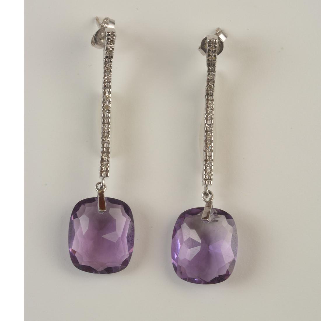 Pair of Amethyst, Diamond, 14k White Gold Earrings. (1 of 1)