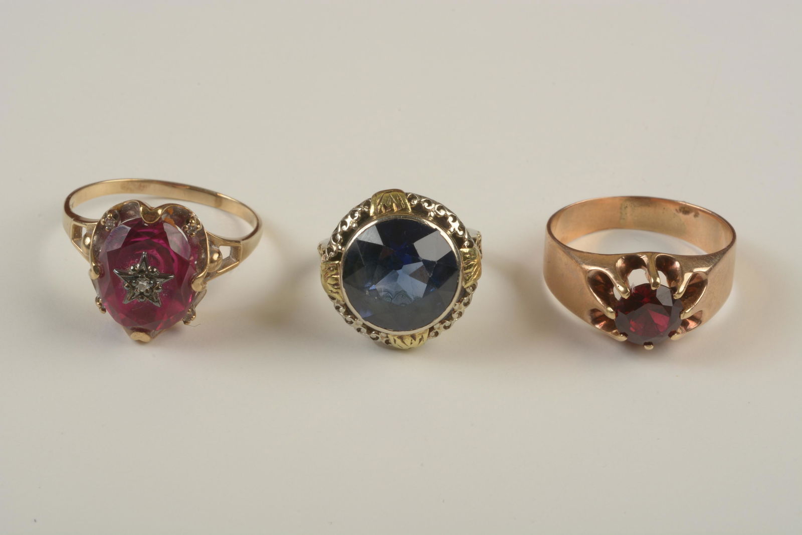 Collection of Three Synthetic Multi-Stone, Gold Rings. (1 of 4)