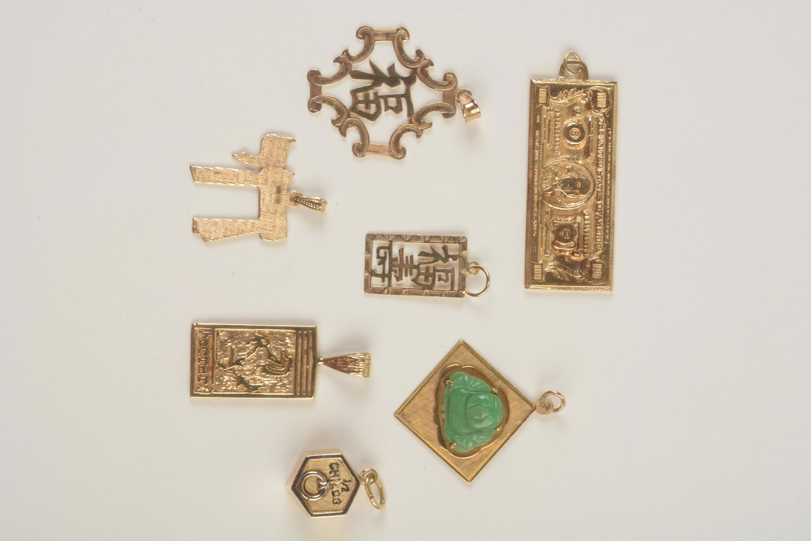 Collection of Seven Jade, 14k Yellow Gold (1 of 2)