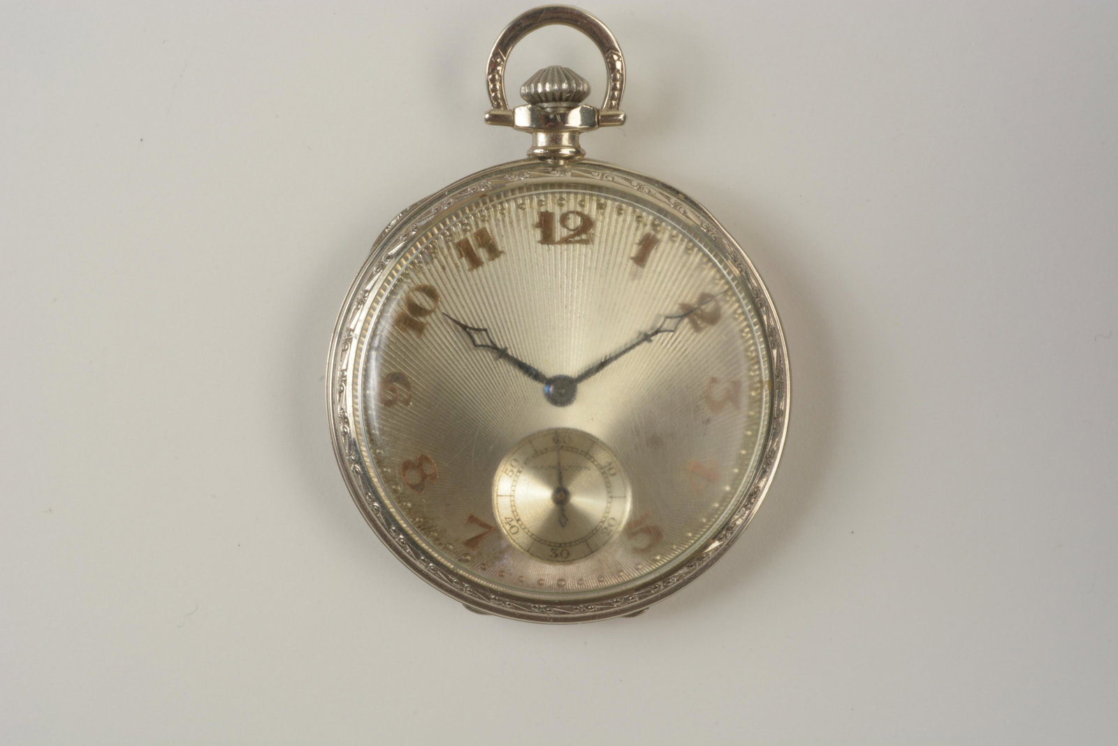 Hamilton 14k White Gold Open Face Pocket Watch.: Hamilton 14k White Gold Open Face Pocket Watch. DIAL: Round, silver engine turn pattern, gold applied Arabic numeral hour markers, outer dot minutes track, subsidiary seconds dial at 6 o'clock, blued 