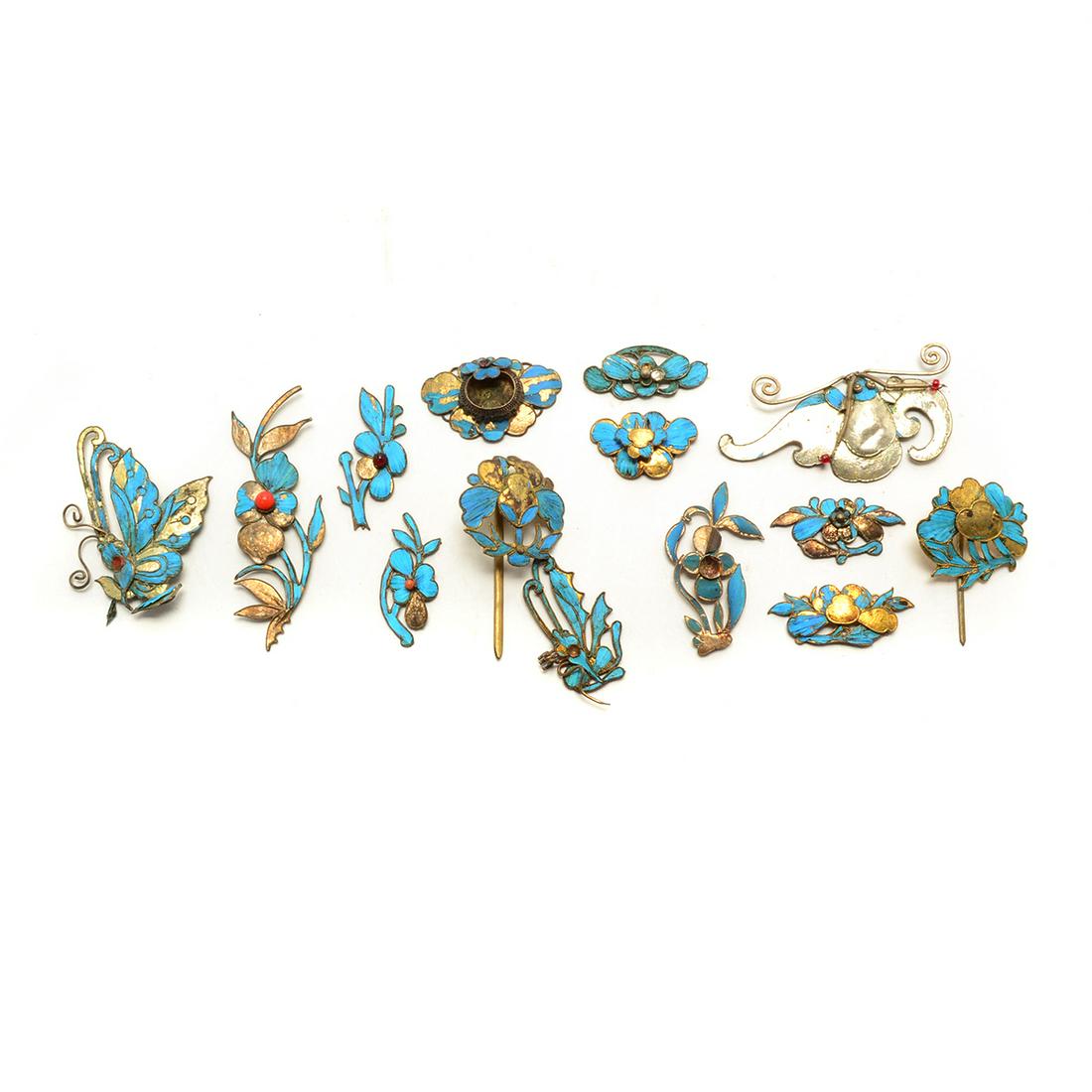 Large Group of Chinese Kingfisher Feather Hair Pins and (1 of 2)