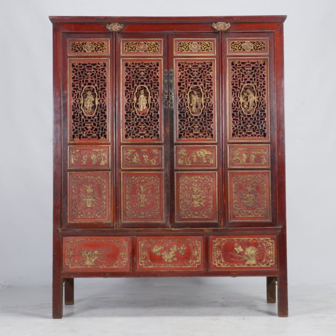 Large Chinese Red Lacquered Gilt Carved Figural (1 of 2)