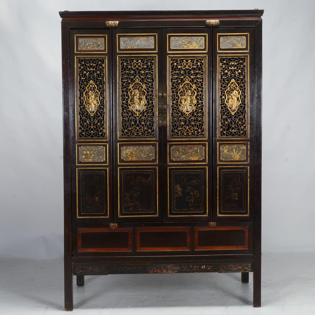 Chinese Antique Carved Two-Door Armoire (1 of 2)