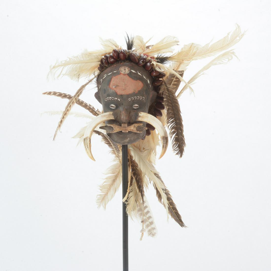 Asmat Over Modeled Human Skull, Circa 1920.: Asmat Over Modeled Human Skull, Circa 1920. Decorated in feathers, textile, brown seeds, 2 boar tusks, a hand carved bone nose ring, rattan, shell, clay, pigments, and woven fiber; the crown is wrappe
