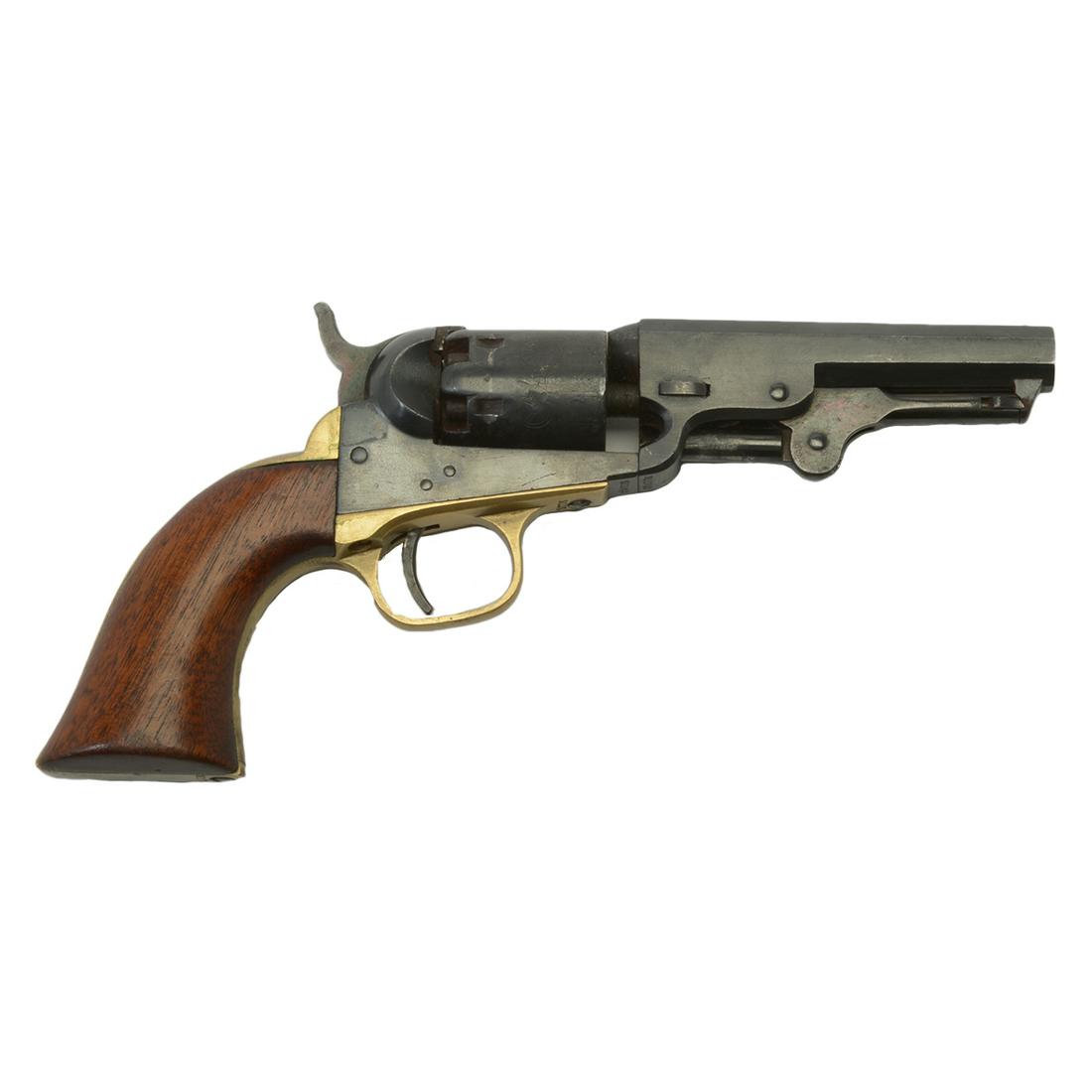 Colt Model 1849 Pocket Revolver, 1869.: Colt Model 1849 Pocket Revolver. The cylinder with engraved stagecoach scene. Cylinder incised with 'COLTS PATENT NO 1742'; '31 CAL' stamped next to the trigger; 'COLTS PATENT' stamped near the trigge