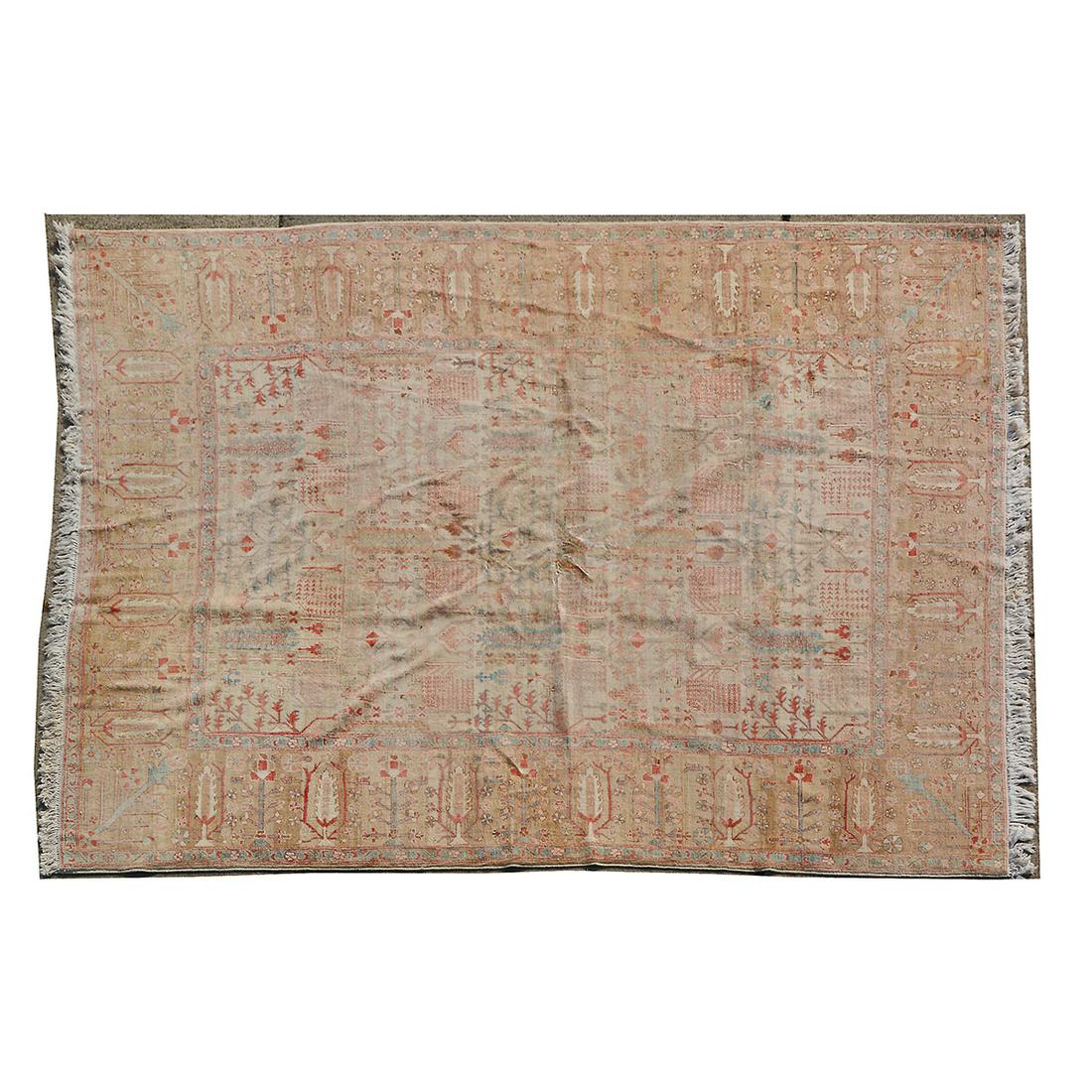 Pakistani Wool Carpet.: Pakistani Wool Carpet. Floral and foliate motif on a cream ground; the motif continued on the tan border; light blue inner and outer borders. {Approximate dimensions: 13 feet x 9 feet 9 inches.}. Cond