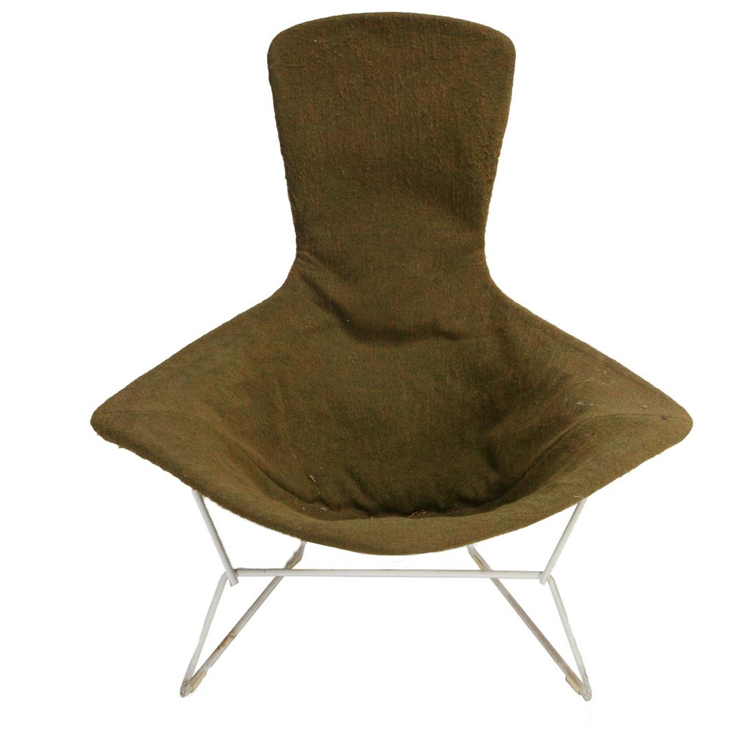 Harry Bertoia for Knoll Bird Chair 423.: Harry Bertoia for Knoll Bird Chair 423. Harry Bertoia (Italian-American 1915-1978); white painted metal frame with original brown and green upholstery. Knoll label to the underside. Bird Chair first d