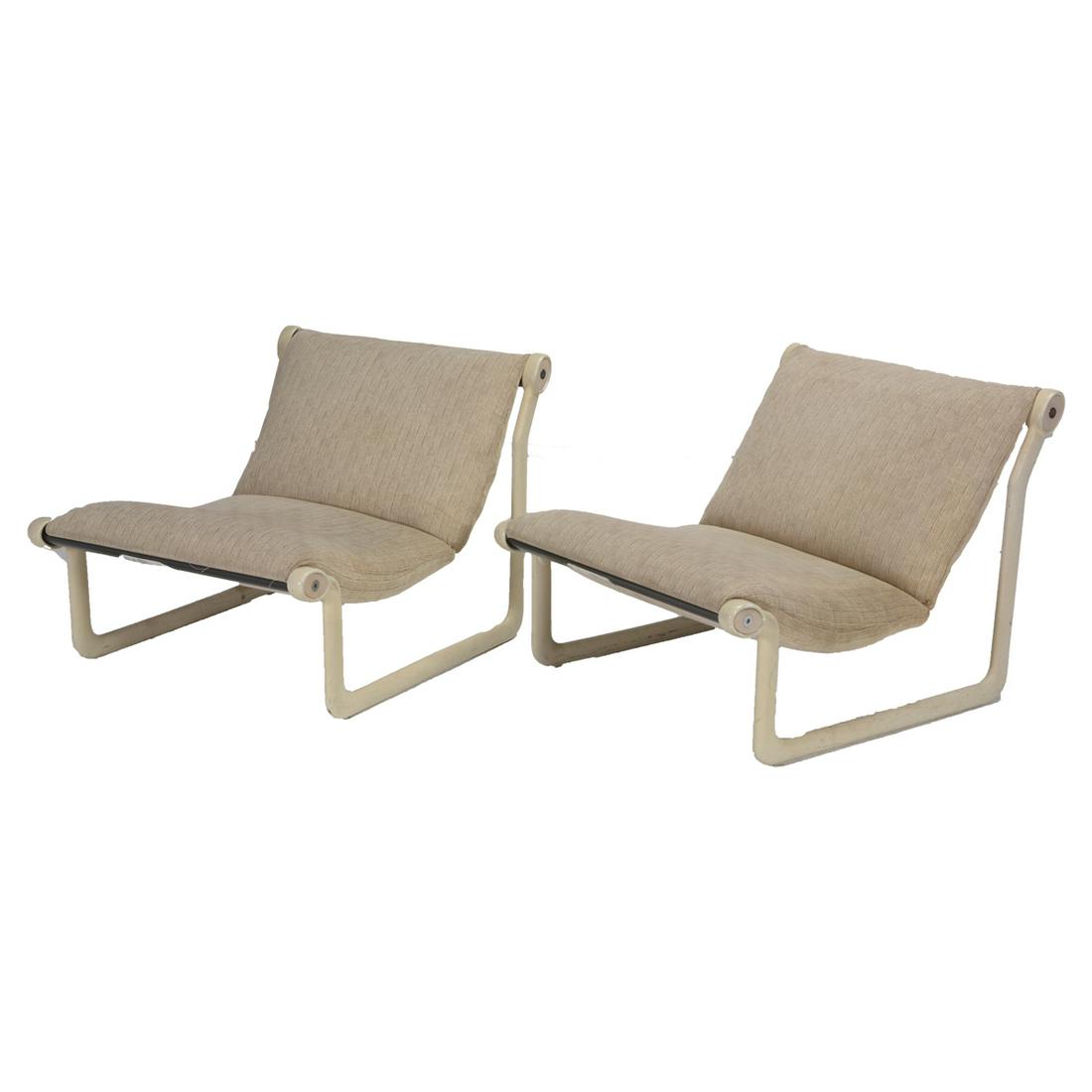 Pair of Bruce Hannah and Andrew Morrison For Knoll: Pair of Bruce Hannah and Andrew Morrison For Knoll Coated Aluminum Sling Chairs. Cream upholstery; white coated aluminum frames. Knoll labels to undersides. {Approximate dimensions: 25 high x 29 1/8 w