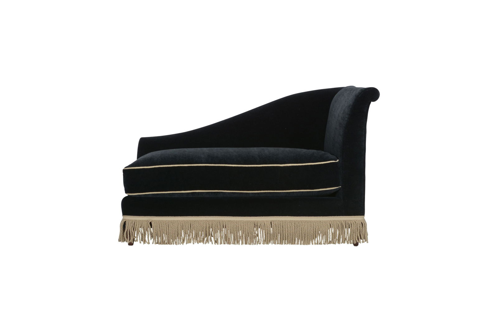 Pair of Baker Upholstered Chaises en Facant.: Pair of Baker Upholstered Chaises en Facant. Black mohair upholstery with white trim. Baker labels under seat cushions. {Approximate dimensions: 32 high x 51 wide x 32 1/4 inches deep.}. Condition: Mi