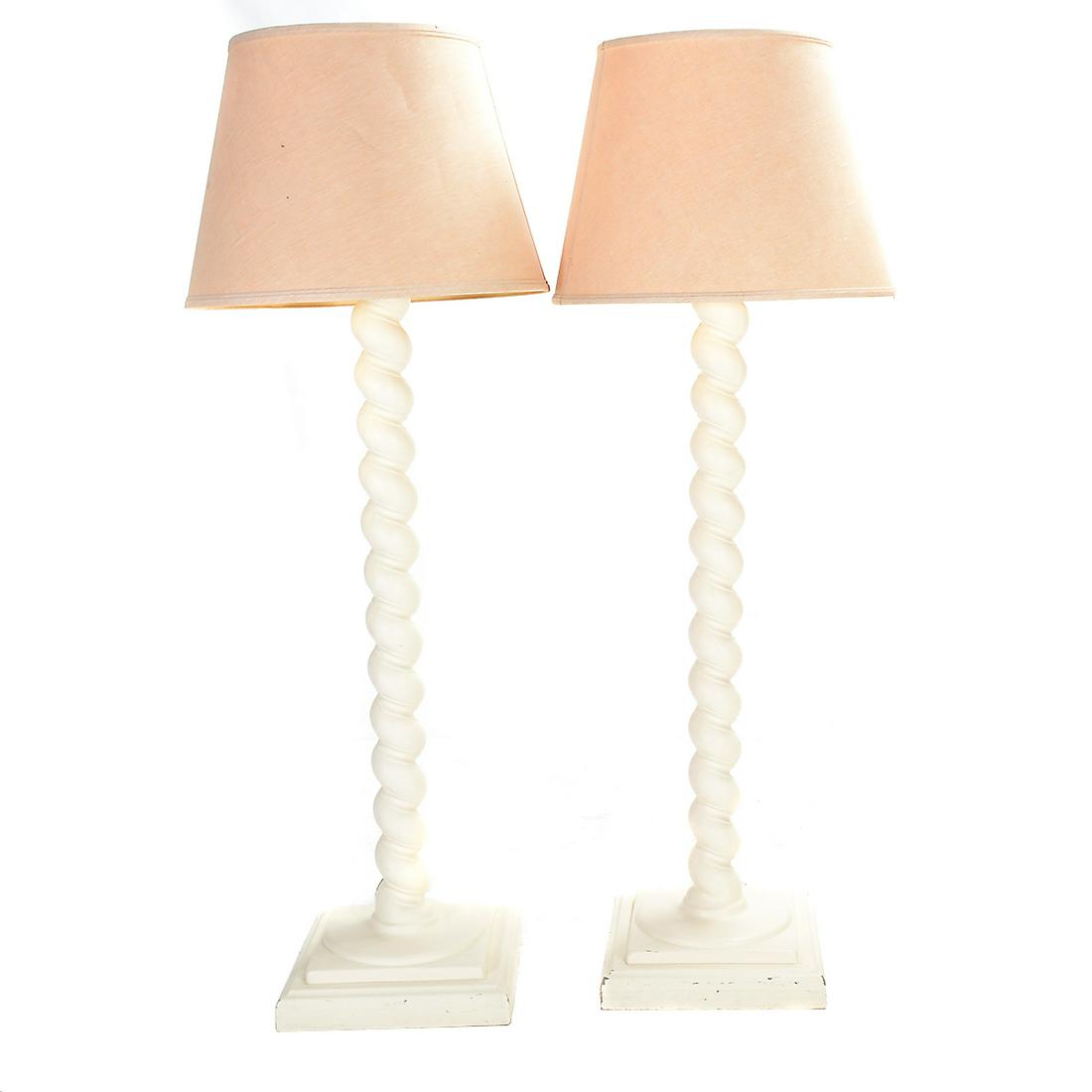 Pair of Michael Taylor Style Floor Lamps.: Pair of Michael Taylor Style Floor Lamps. Three-lights; white painted plaster barley twist columns; with beige canvas shades. {Approximate dimensions: 77 high x 27 inches diameter.}. Condition: Some s
